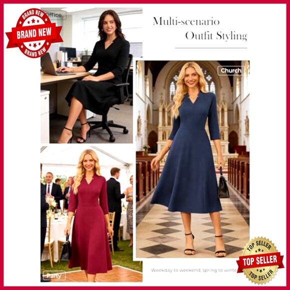 Midi Business Dress 3/4 Sleeve Fit Flare Work Dress with Pocket Classy Elegant - Picture 2 of 7